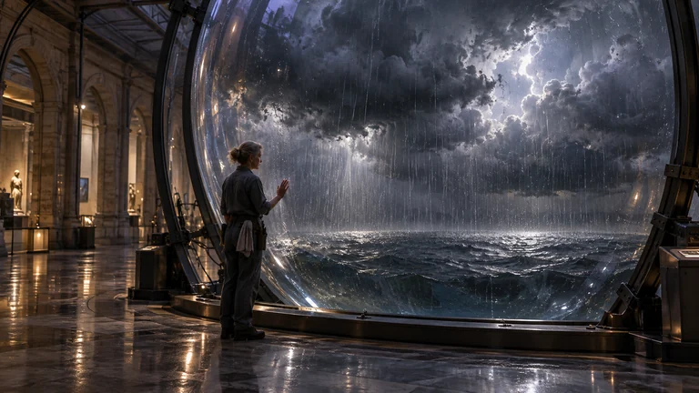 A weather keeper stands beside a glass pressure lens holding a small storm in a dry museum gallery.