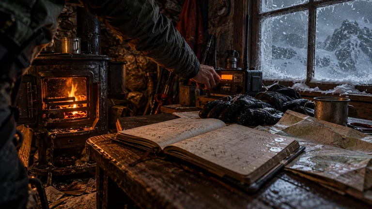 A snowbound hut's stove glows beside an open ledger and a climber's damp gloves.