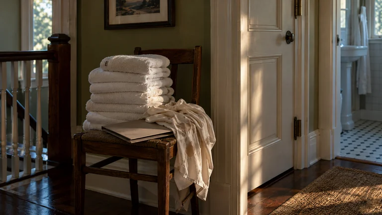 A stack of folded towels and a closed folder sit outside a shut bathroom door.