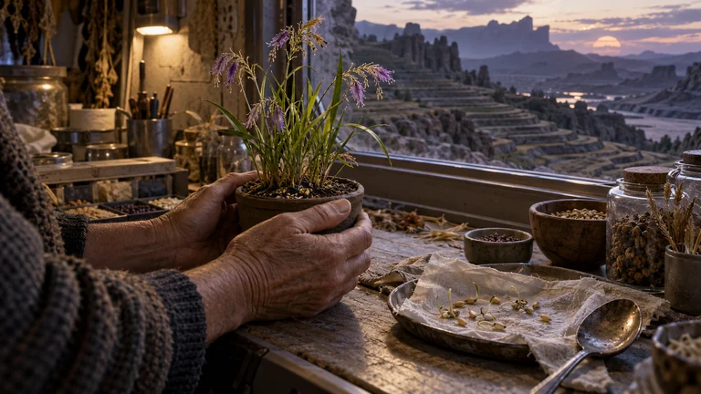 A grain seedling with purple-fringed flowers grows beside germinating seeds in a pantry overlooking agricultural terraces.