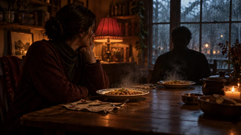 Two untouched supper plates face each other beneath a rain-streaked window.