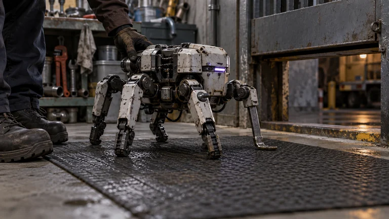 A small faceless maintenance robot crosses an inspection mat using a gutter bracket in place of one leg.