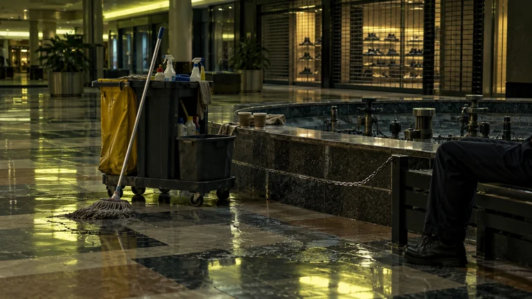 A cleaning trolley and two paper cups stand beside an empty shopping-centre fountain.