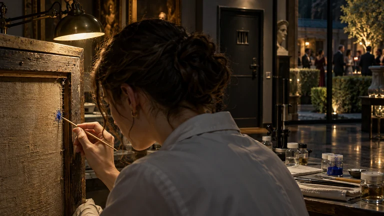 A conservator examines fresh blue paint on the back of a canvas beside a closed studio door.