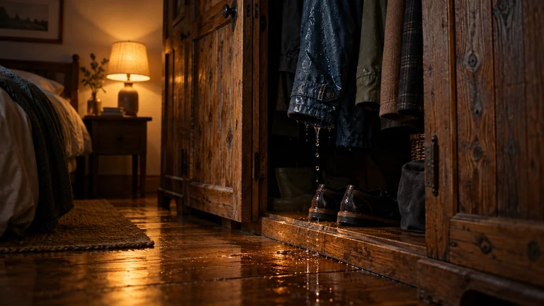 Salt water drips from a sleeve inside a reclaimed-wood wardrobe onto the shoes below.