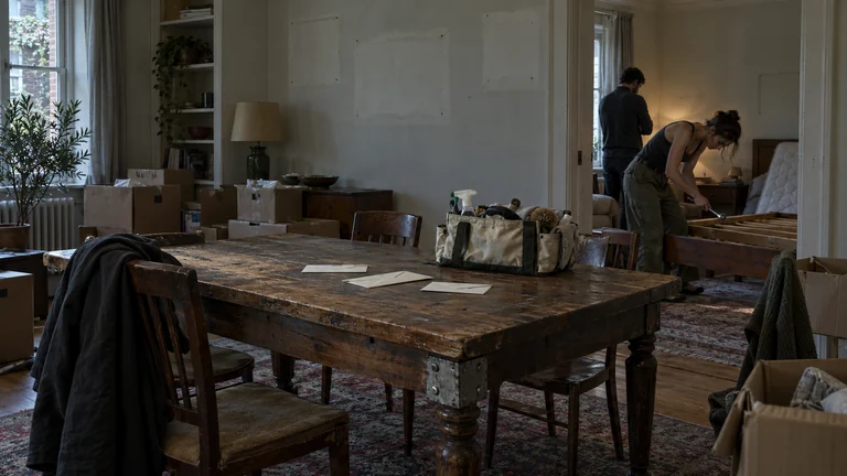 Love letters lie on a worn dining table with a repaired leg as a couple packs their apartment.