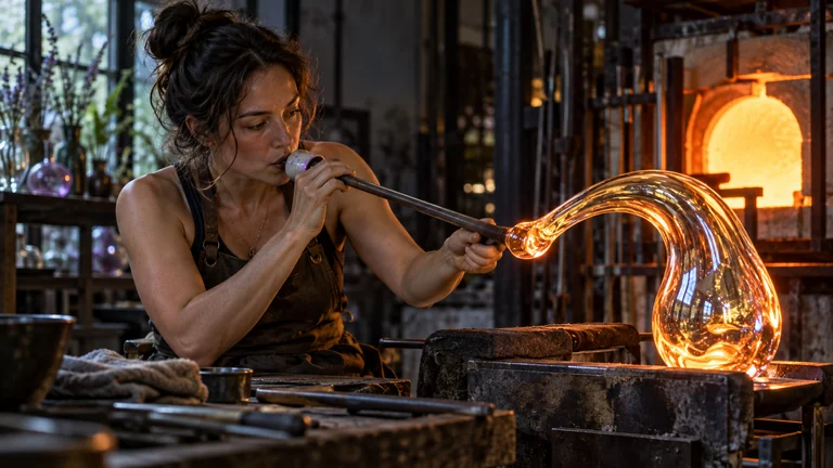 A glassworker turns a curved glowing glass lamp on a blowing pipe fitted with a small pressure-sensing collar.