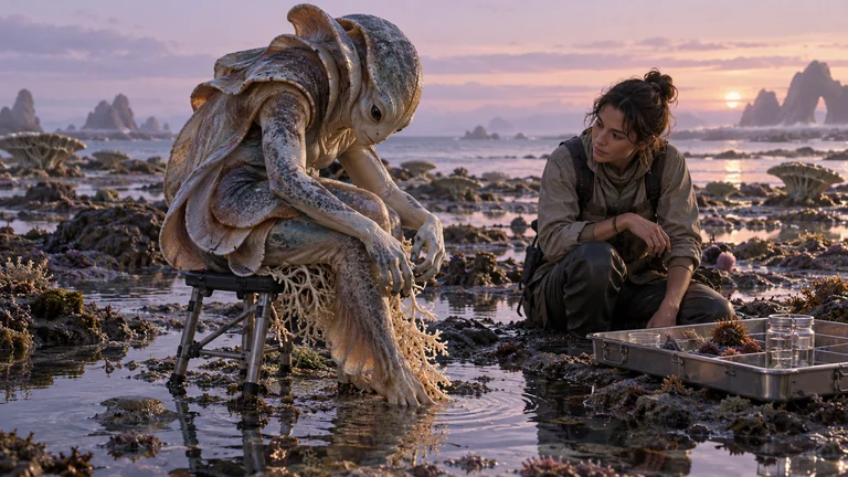 An alien field researcher sits on a folding stool beside a human colleague and tidal pools.