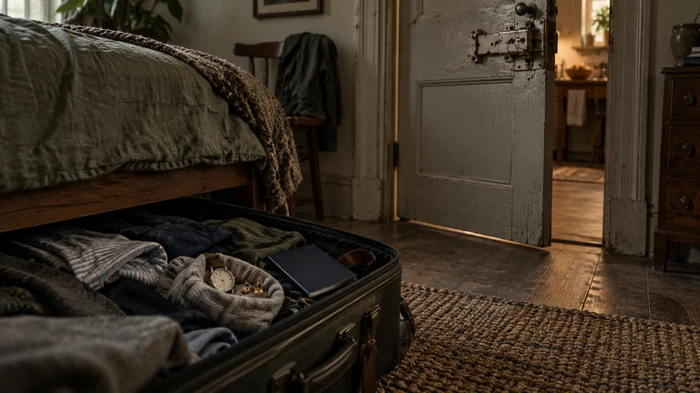 An open suitcase holds a watch and earrings beside a passport with its cover closed.