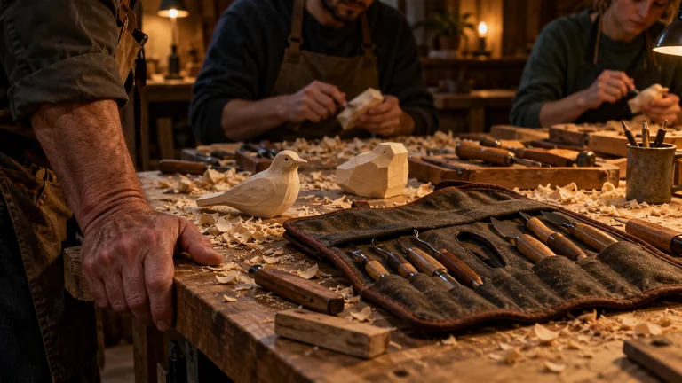 An empty knife-shaped recess in a felt tool roll lies between two unfinished wooden birds.