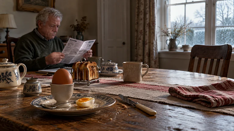 An intact boiled egg sits on a quiet breakfast table while an older man reads a leaflet.