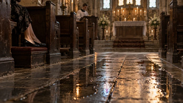 Two elongated wet impressions lie in a chapel aisle beside wooden pews and a woman's shoes lifted onto a kneeler.