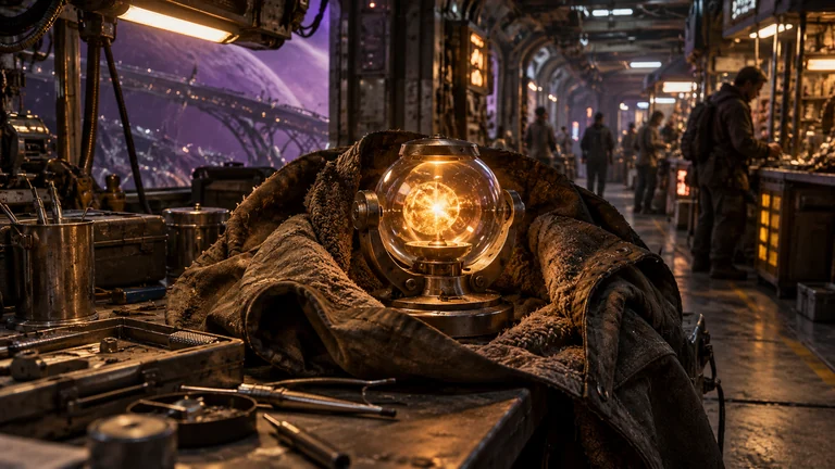 A small fusion lamp rests wrapped in a coat on a starship market counter.