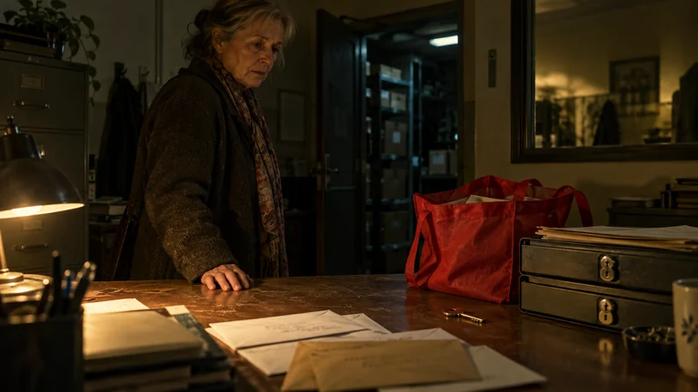 A key, a red shopping bag and donation envelopes lie beneath the lone lamp of a dark office.