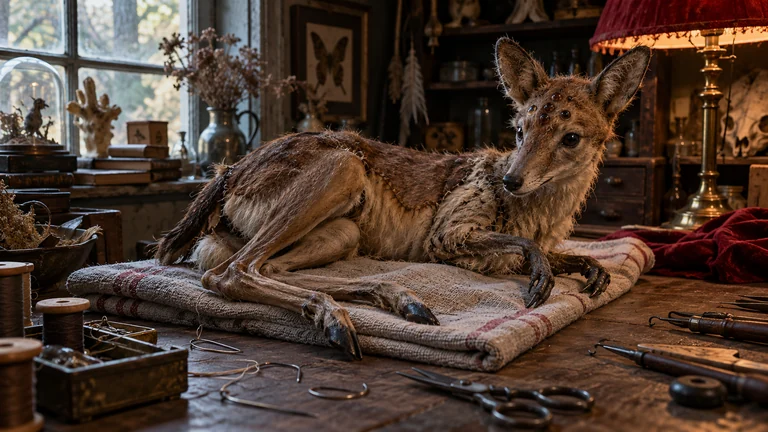 An awkward composite taxidermy animal lies on a workshop towel beside curved needles and loose thread.
