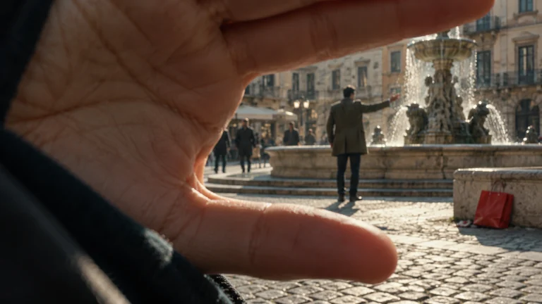 A hand covers the viewer's sight of a blurred figure beside a town-square fountain.
