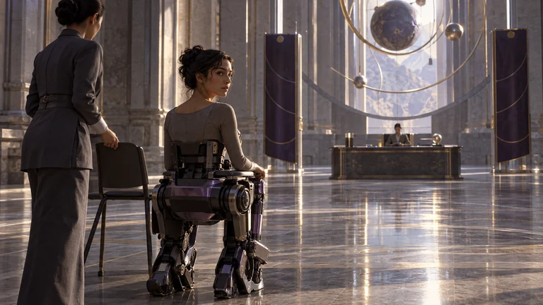 A woman in a powered support frame faces the long ceremonial floor of a citizenship office.