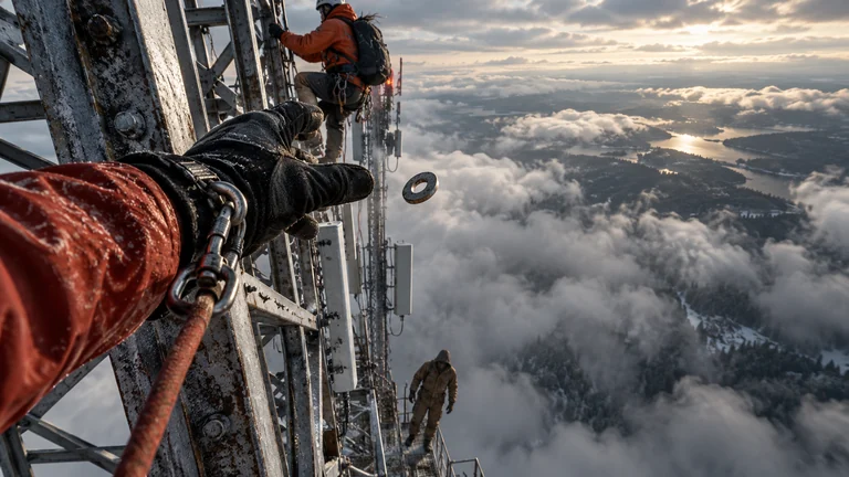 A metal washer hangs in midair beside two maintenance climbers on a high mast.
