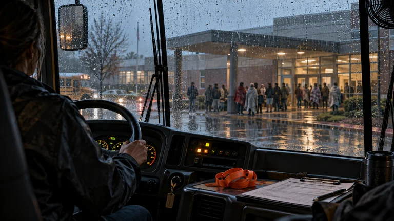 Orange wristbands and a clipboard on a bus dashboard, with people waiting beneath a school canopy in heavy rain.