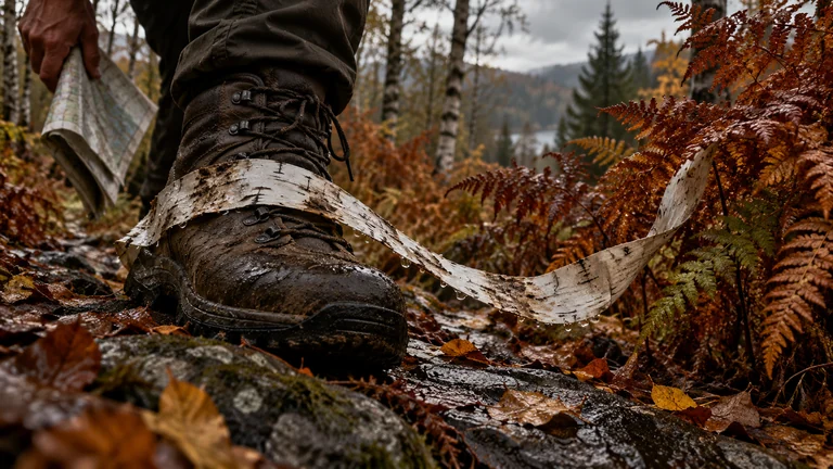 A pale ribbon of bark crosses a walking boot beneath dense wet bracken.