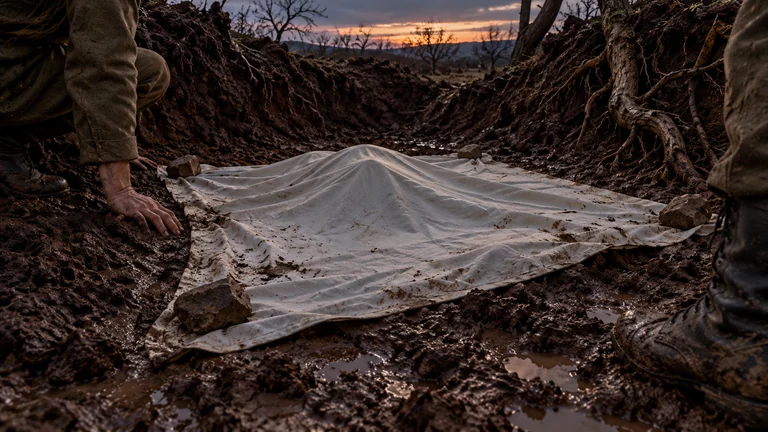 Stones pin down a white sheet on a trench floor, its folds raised into a suggestion of shoulders.