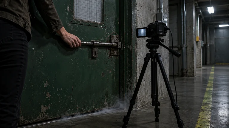 A green industrial door with wired glass beside a camera tripod in a dim factory annex.