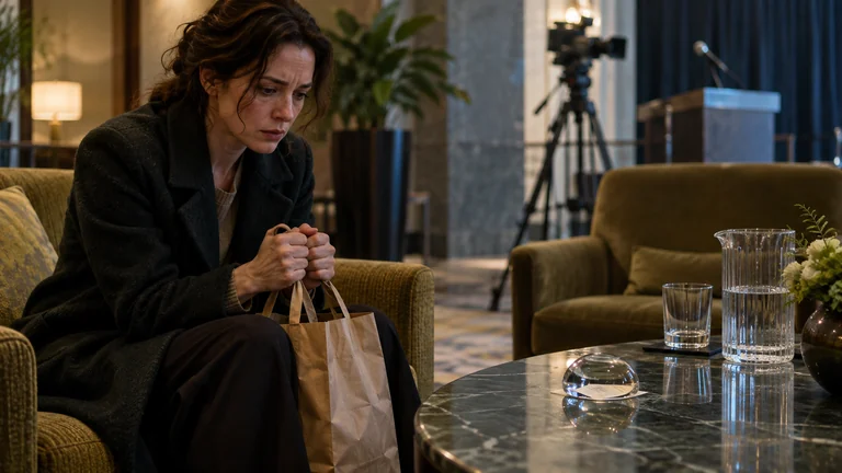 A worried woman grips a shopping bag beside a glass paperweight in a winners' lounge.