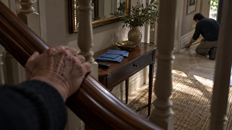 Blue envelopes rest on a hall table beside a polished staircase while a visitor measures the skirting board.