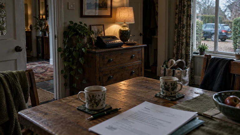 An old cassette answering machine sits behind two tea cups and an unsigned document on a family kitchen table.